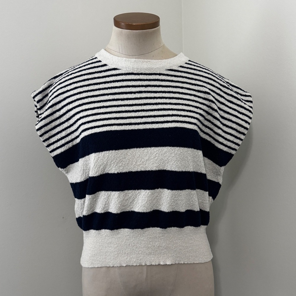Miou Muse Medium Navy Blue Cream Stripe Knit Sleeveless Boxy Top Nautical Preppy